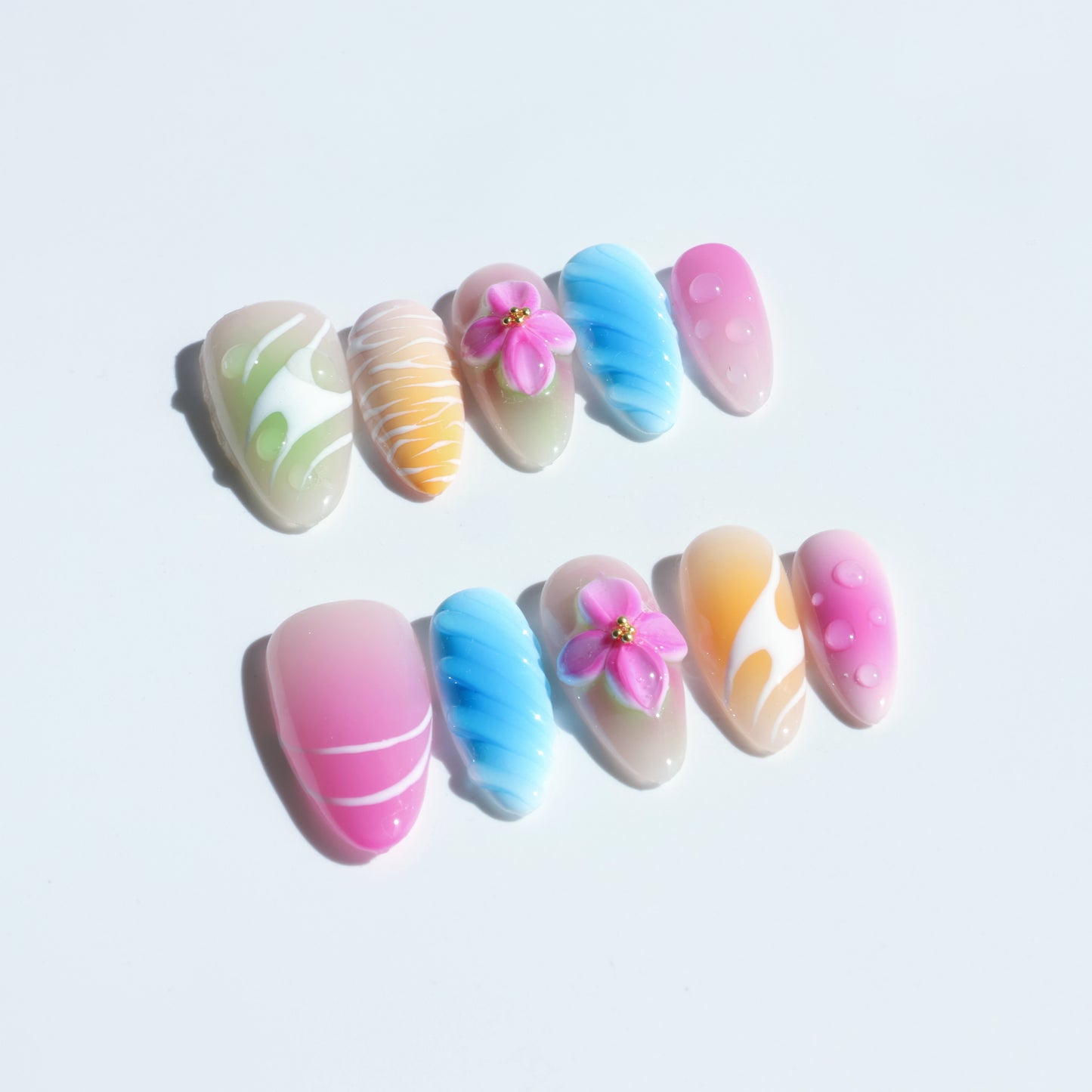 Rainbow Petals Press-On Nails – Colorful Pastel Gradient with 3D Flower