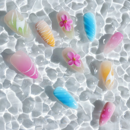 Rainbow Petals Press-On Nails – Colorful Pastel Gradient with 3D Flower