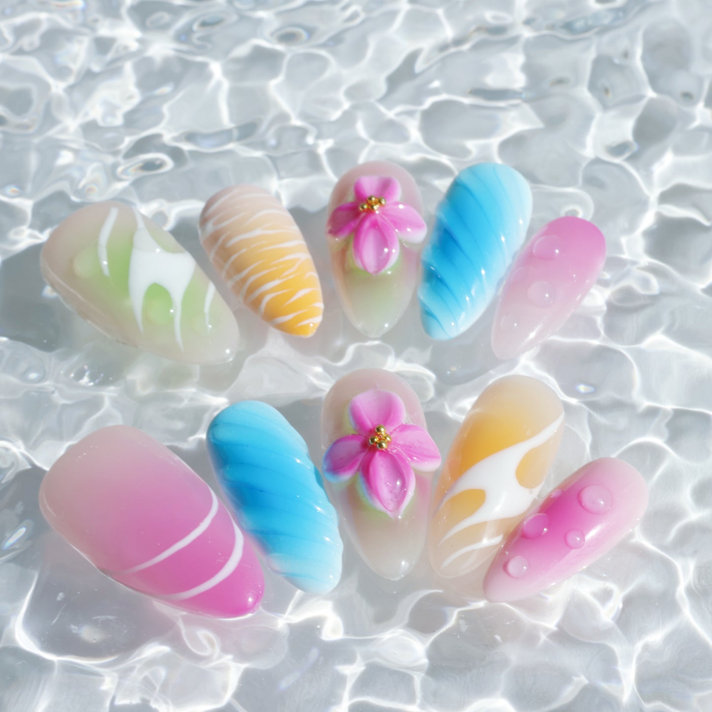 Rainbow Petals Press-On Nails – Colorful Pastel Gradient with 3D Flower