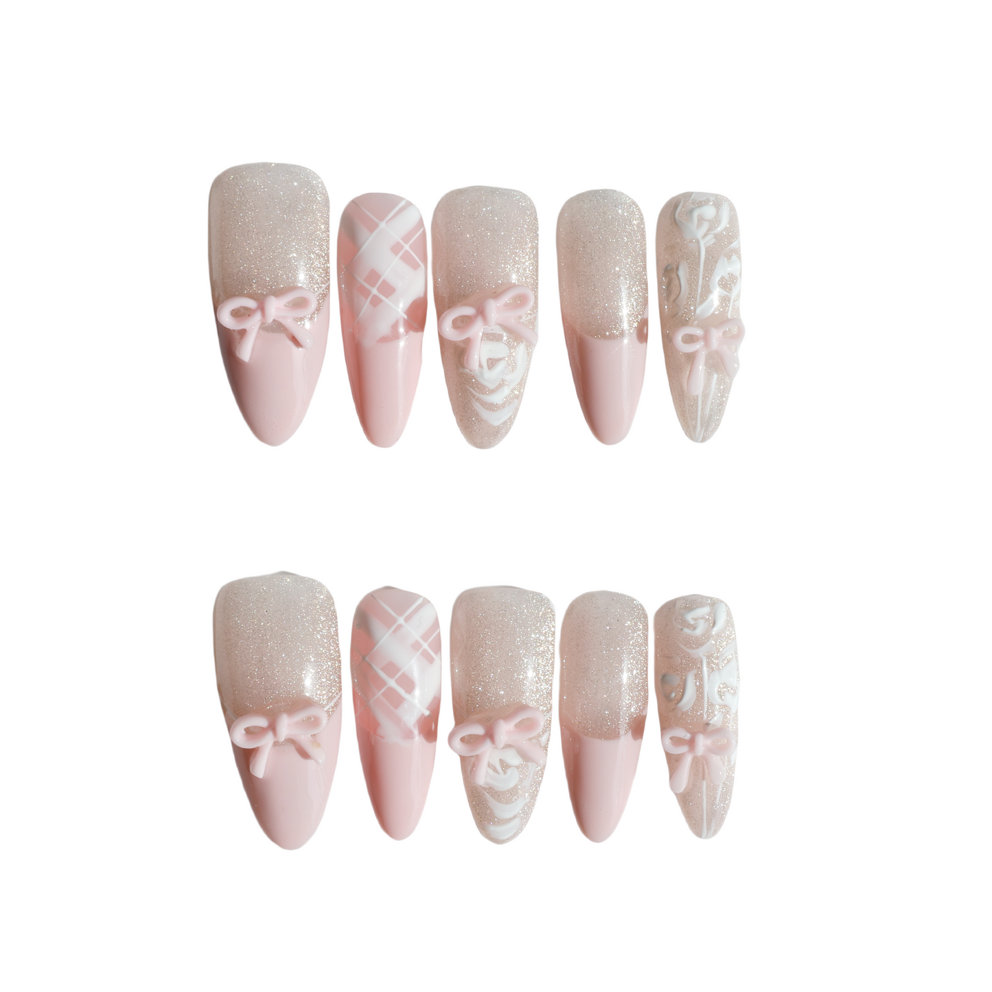 Blush Bow Press-On Nails – Soft Pink with 3D Bow & Glitter Accents