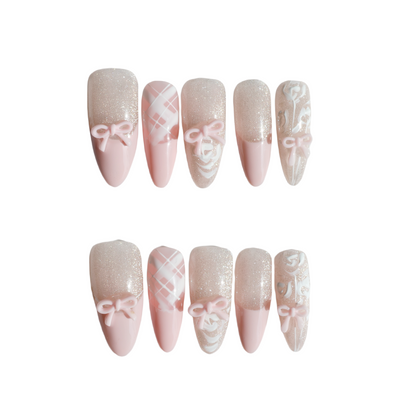 Blush Bow Press-On Nails – Soft Pink with 3D Bow & Glitter Accents