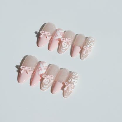 Blush Bow Press-On Nails – Soft Pink with 3D Bow & Glitter Accents