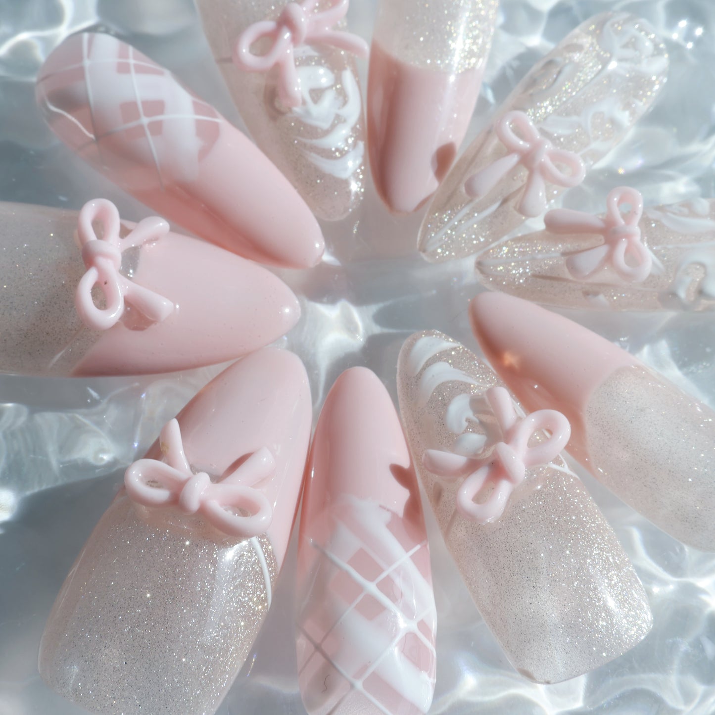 Blush Bow Press-On Nails – Soft Pink with 3D Bow & Glitter Accents