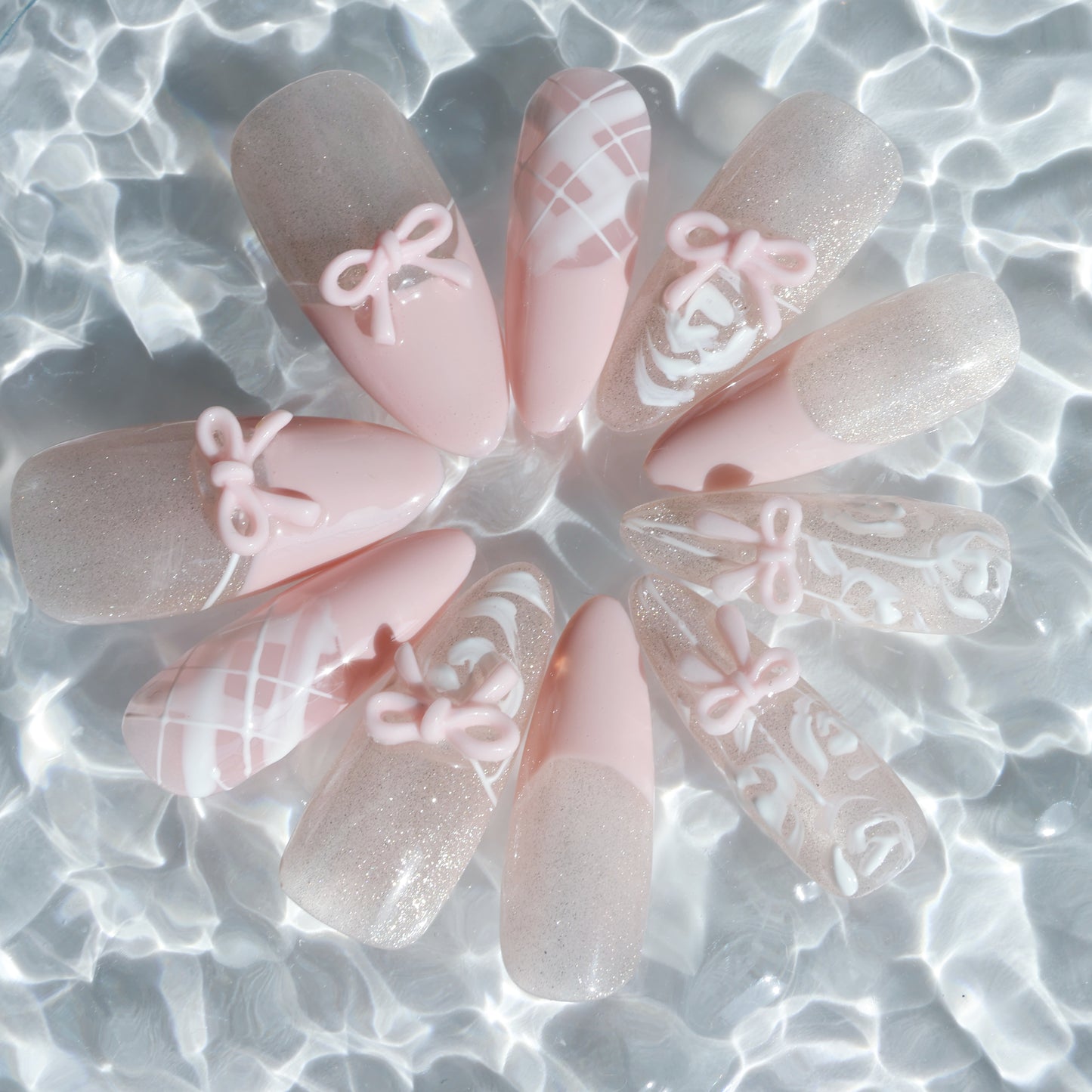 Blush Bow Press-On Nails – Soft Pink with 3D Bow & Glitter Accents