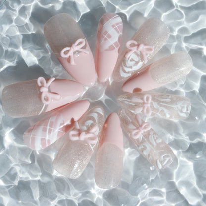Blush Bow Press-On Nails – Soft Pink with 3D Bow & Glitter Accents