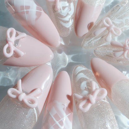 Blush Bow Press-On Nails – Soft Pink with 3D Bow & Glitter Accents