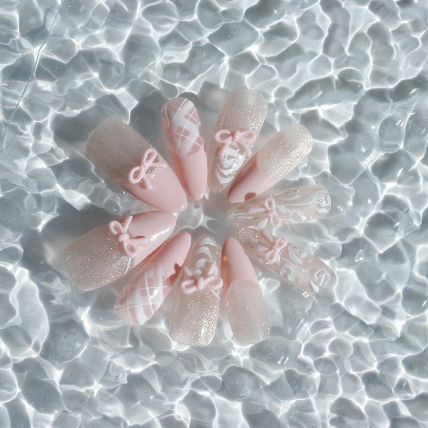 Blush Bow Press-On Nails – Soft Pink with 3D Bow & Glitter Accents