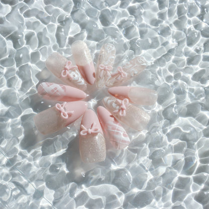 Blush Bow Press-On Nails – Soft Pink with 3D Bow & Glitter Accents