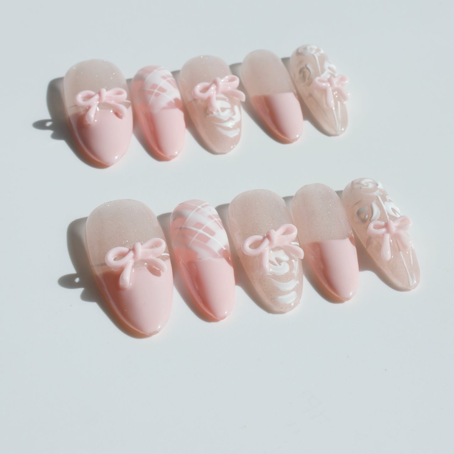 Blush Bow Press-On Nails – Soft Pink with 3D Bow & Glitter Accents