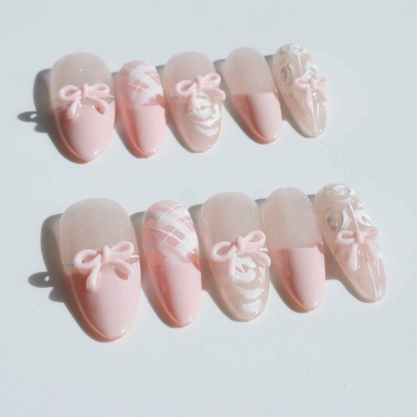 Blush Bow Press-On Nails – Soft Pink with 3D Bow & Glitter Accents