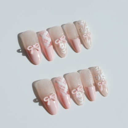 Blush Bow Press-On Nails – Soft Pink with 3D Bow & Glitter Accents