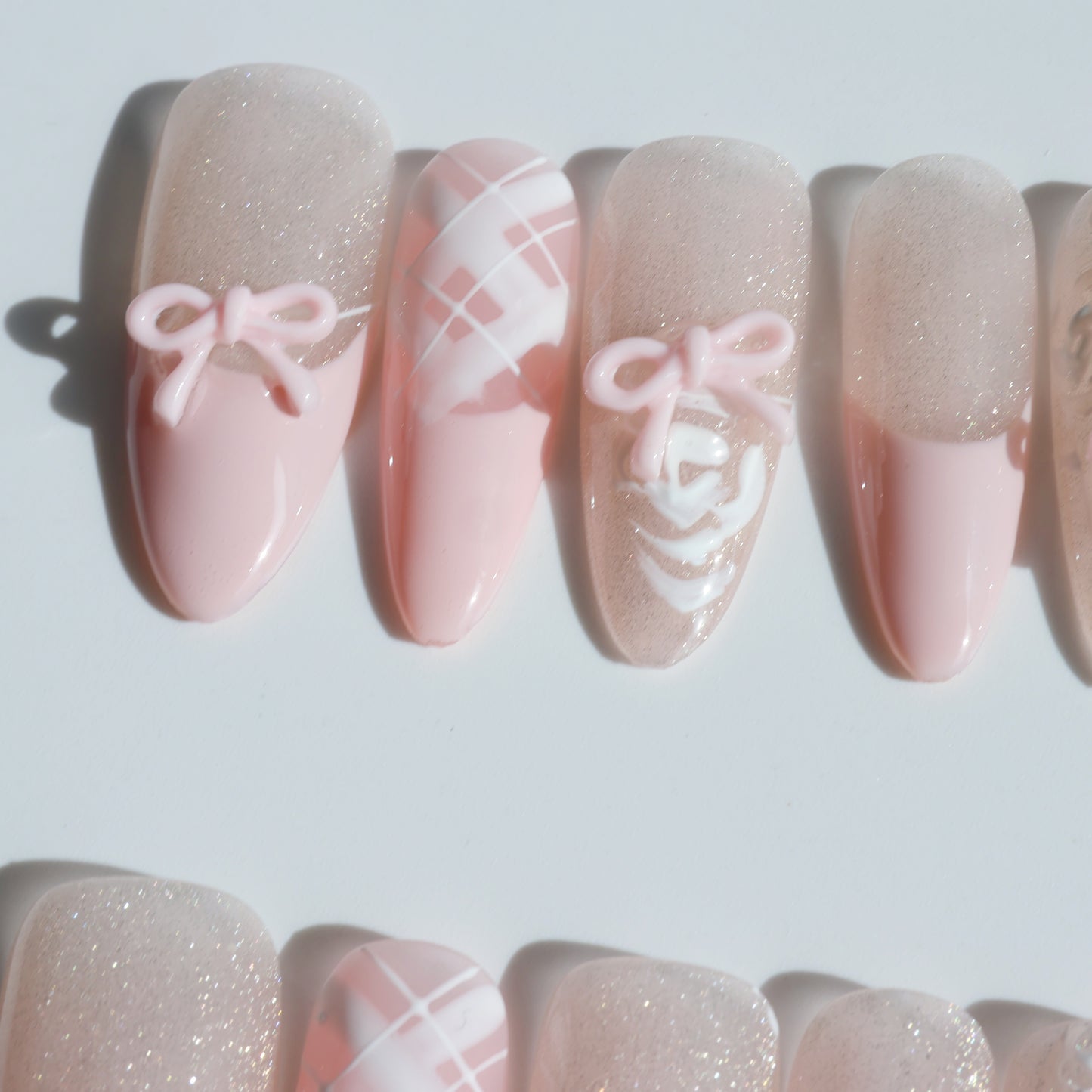 Blush Bow Press-On Nails – Soft Pink with 3D Bow & Glitter Accents