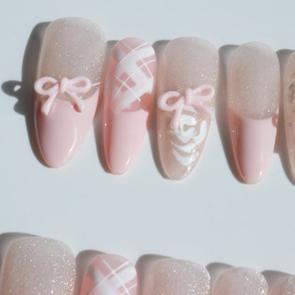 Blush Bow Press-On Nails – Soft Pink with 3D Bow & Glitter Accents