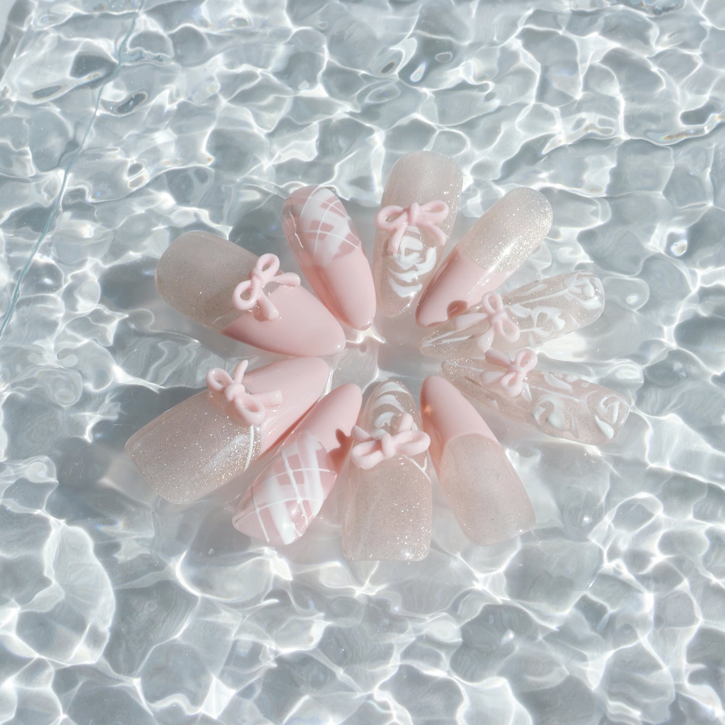 Blush Bow Press-On Nails – Soft Pink with 3D Bow & Glitter Accents