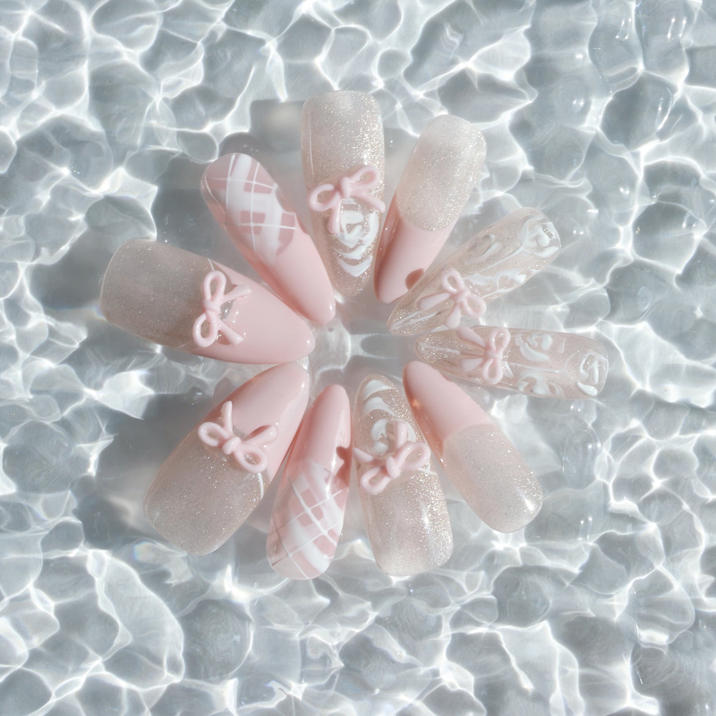 Blush Bow Press-On Nails – Soft Pink with 3D Bow & Glitter Accents