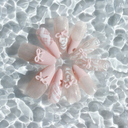 Blush Bow Press-On Nails – Soft Pink with 3D Bow & Glitter Accents