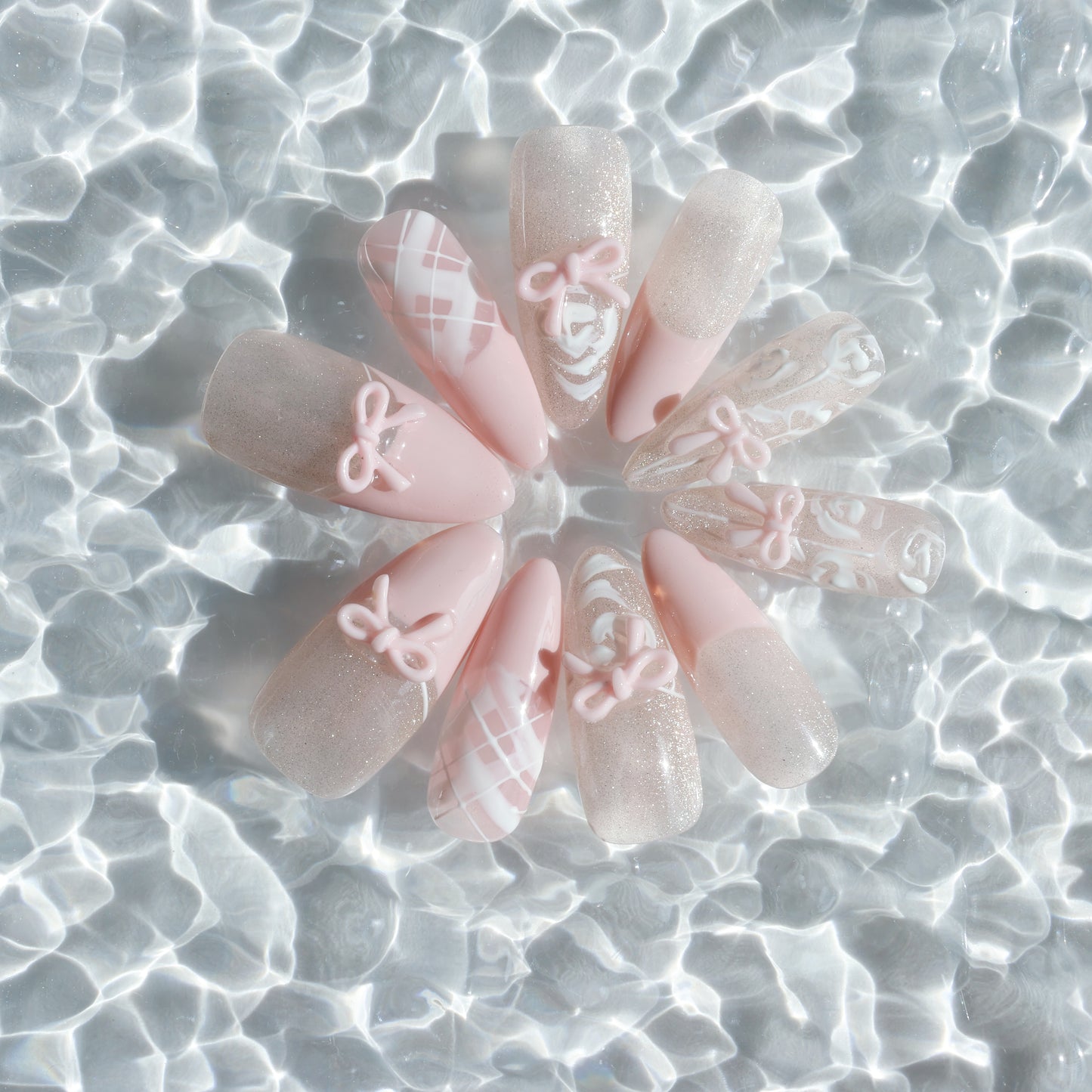 Blush Bow Press-On Nails – Soft Pink with 3D Bow & Glitter Accents