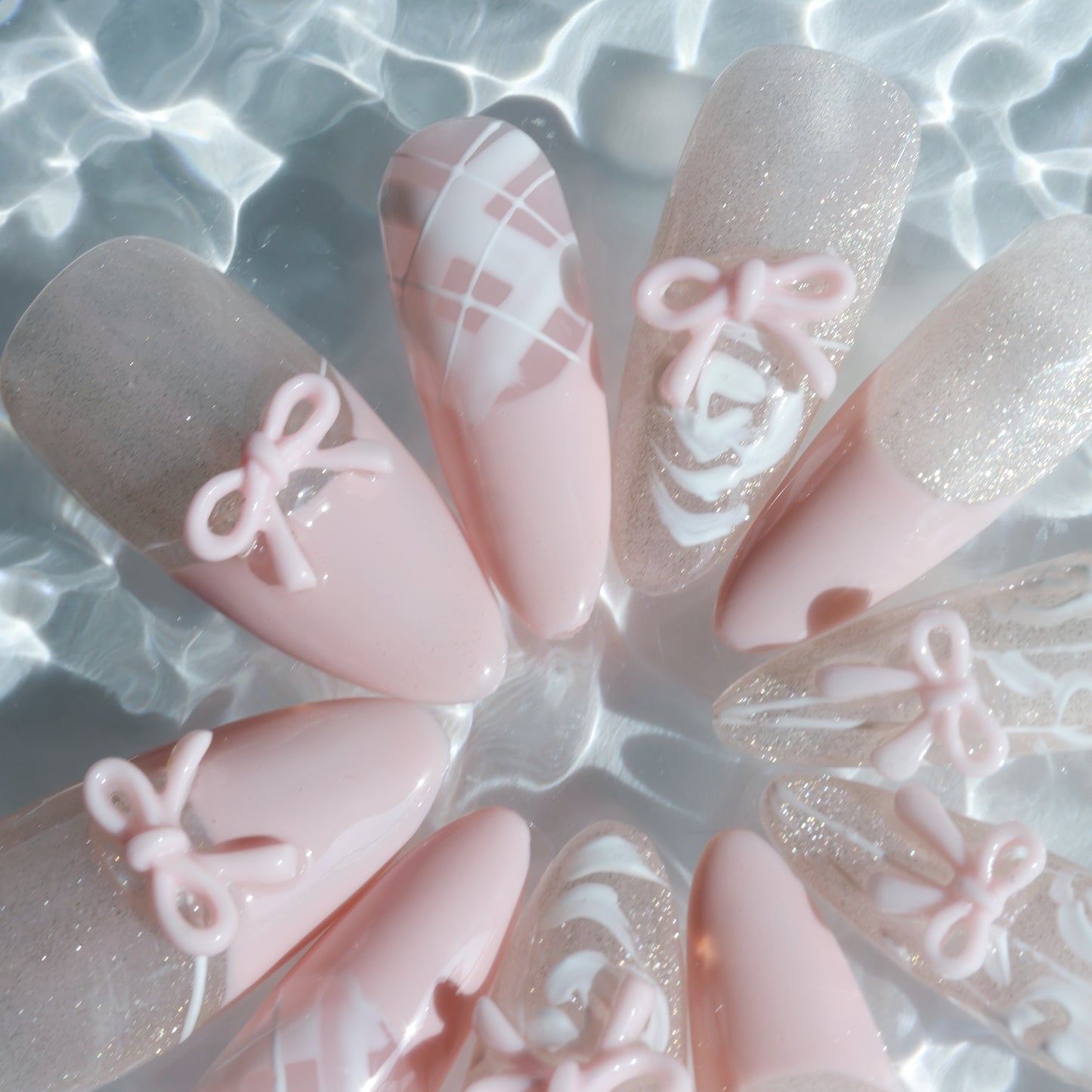 Blush Bow Press-On Nails – Soft Pink with 3D Bow & Glitter Accents