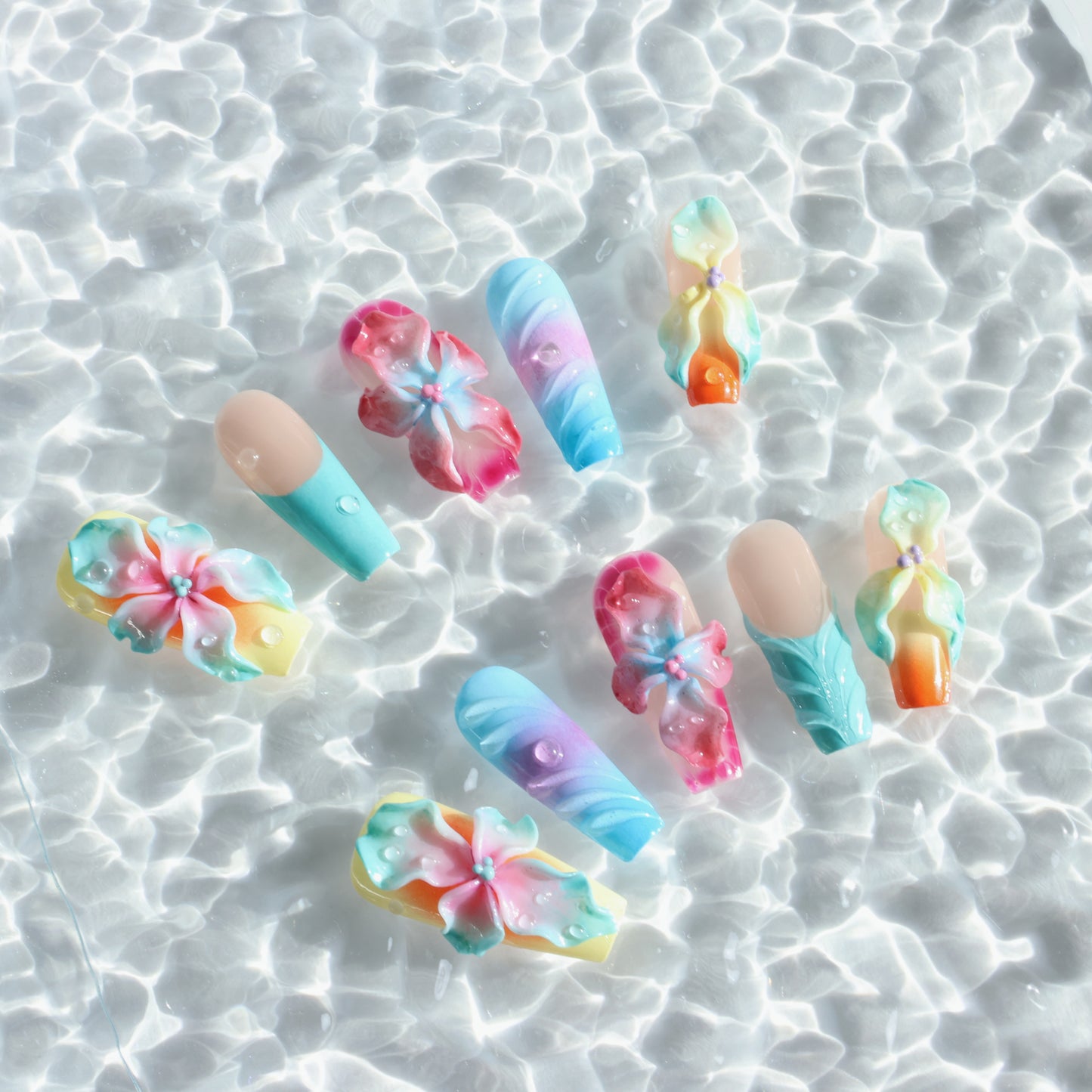 Rainbow Blossom 3D Flower Press-On Nails