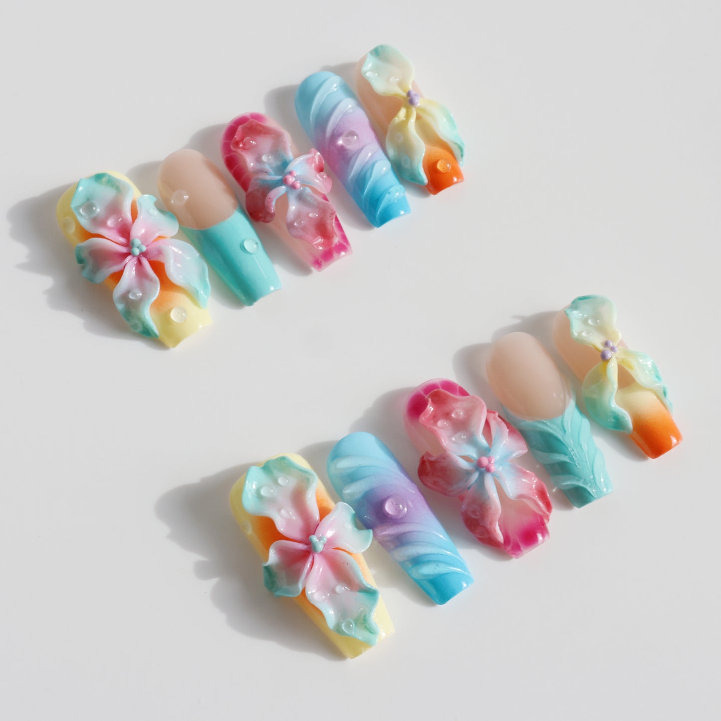 Rainbow Blossom 3D Flower Press-On Nails