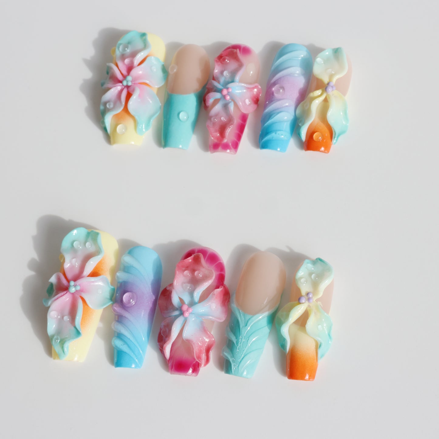 Rainbow Blossom 3D Flower Press-On Nails