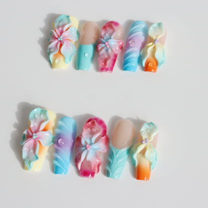 Rainbow Blossom 3D Flower Press-On Nails