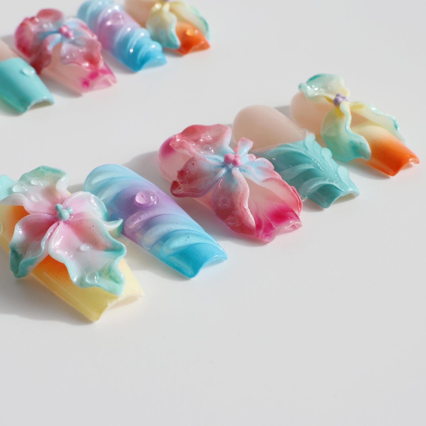 Rainbow Blossom 3D Flower Press-On Nails