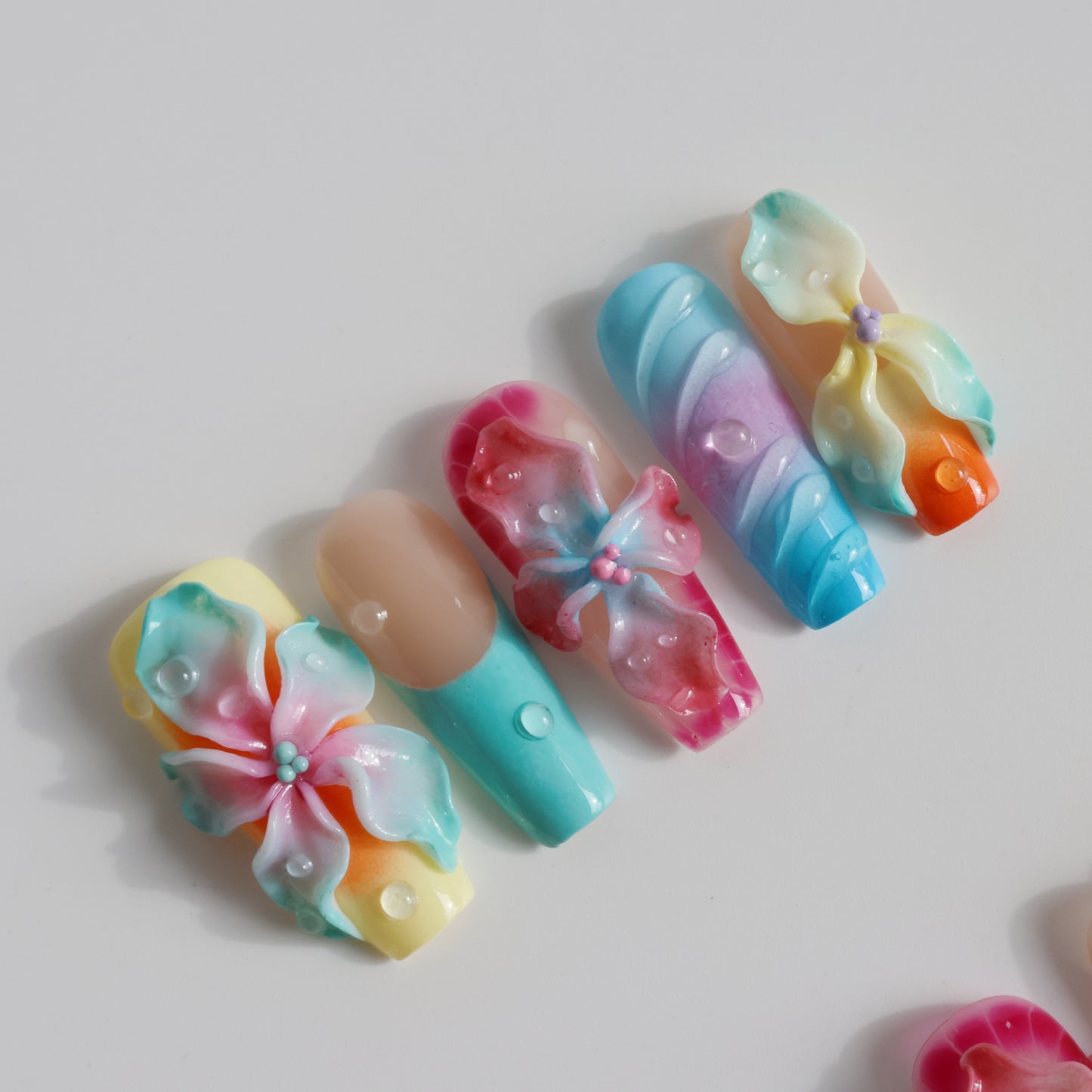 Rainbow Blossom 3D Flower Press-On Nails