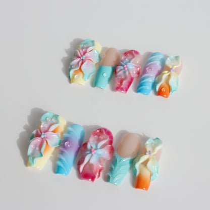 Rainbow Blossom 3D Flower Press-On Nails