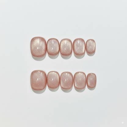 Luxury Press-On Nails | Pink Cat Eye Magnetic Polish | Reusable, Short Oval/Round Shape