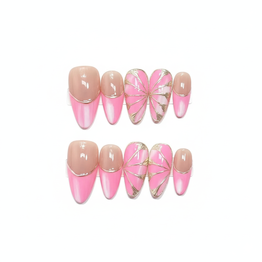 Luxury Press-On Nails | Pink & Nude French Manicure with Gold Foil Butterfly | Reusable, Almond Shape