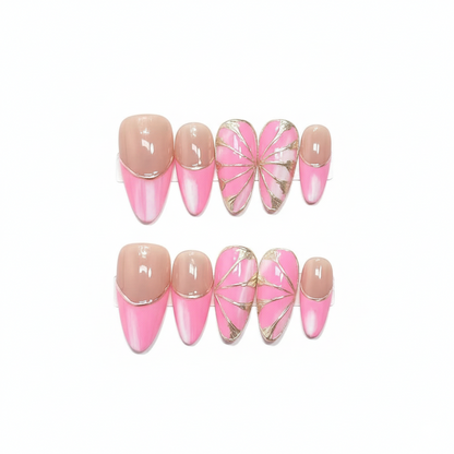 Luxury Press-On Nails | Pink & Nude French Manicure with Gold Foil Butterfly | Reusable, Almond Shape