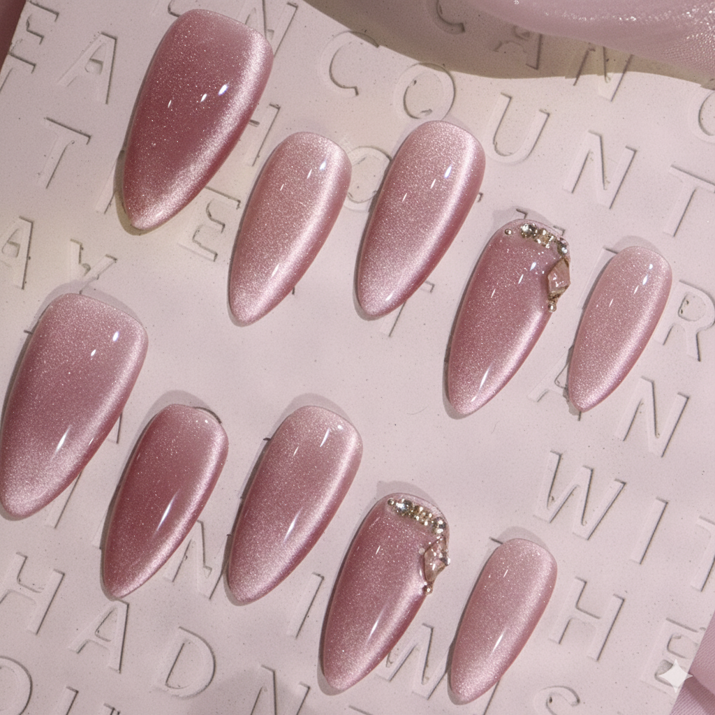 Clean Girl Aesthetic Shimmering Pink Press - On Nails with Rhinestone Accents, Chic Glitter Fake Nails