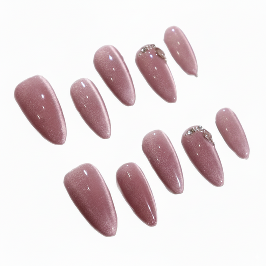 Clean Girl Aesthetic Shimmering Pink Press - On Nails with Rhinestone Accents, Chic Glitter Fake Nails
