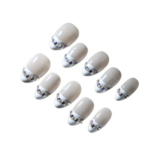 Clean Girl Aesthetic Creamy White Press - On Nails with Rhinestone Accents, Minimalist Glam Fake Nails