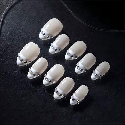 Clean Girl Aesthetic Creamy White Press - On Nails with Rhinestone Accents, Minimalist Glam Fake Nails