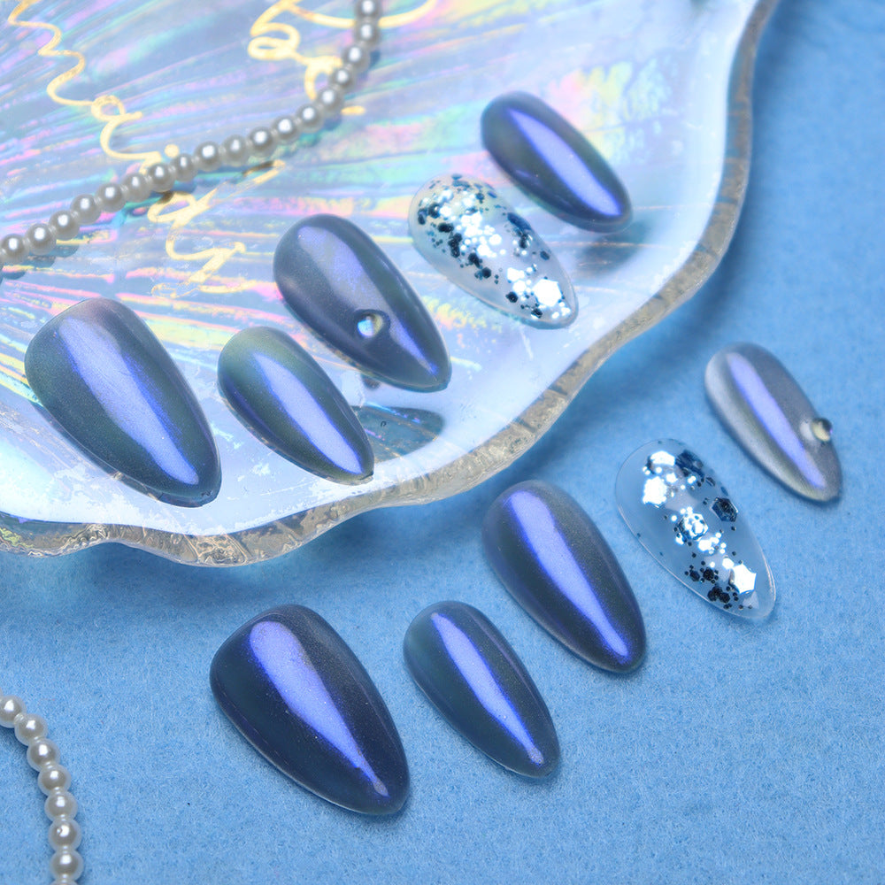 Clean Girl Aesthetic Holographic Blue Press - On Nails with Glitter Accents, Chic Iridescent Fake Nails