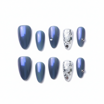 Clean Girl Aesthetic Holographic Blue Press - On Nails with Glitter Accents, Chic Iridescent Fake Nails