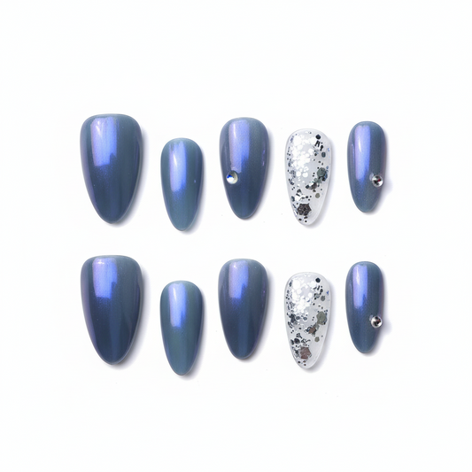 Clean Girl Aesthetic Holographic Blue Press - On Nails with Glitter Accents, Chic Iridescent Fake Nails