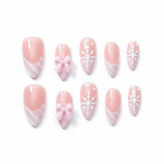 Clean Girl Aesthetic Pink Press - On Nails with Snowflake & Bow Details, Cute Winter - Inspired Fake Nails