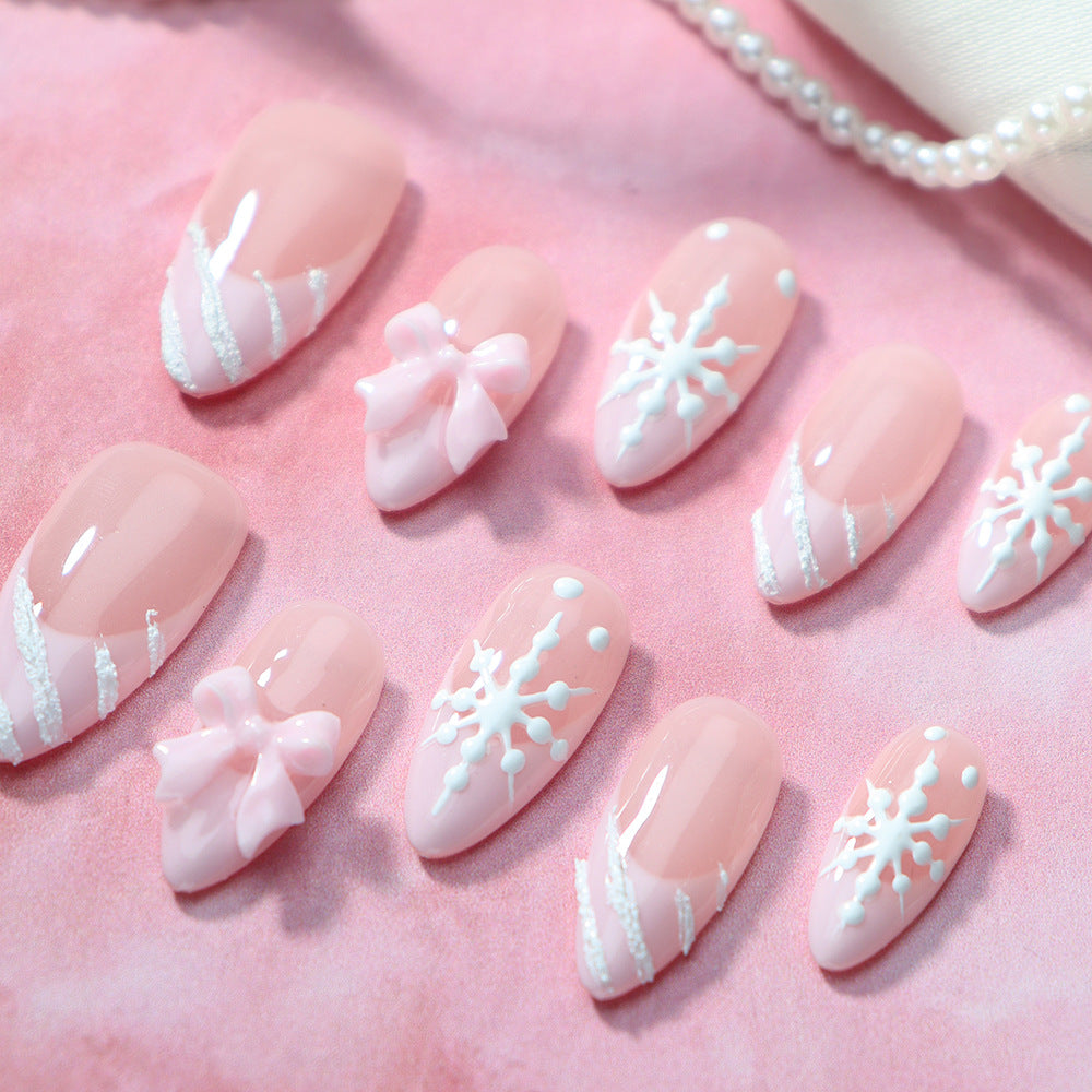 Clean Girl Aesthetic Pink Press - On Nails with Snowflake & Bow Details, Cute Winter - Inspired Fake Nails