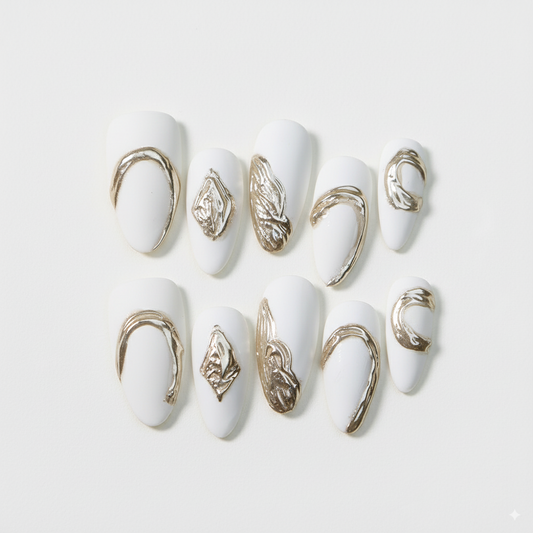 Clean Girl Aesthetic White Press - On Nails with Gold Accents, Minimalist Glam Fake Nails