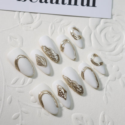 Clean Girl Aesthetic White Press - On Nails with Gold Accents, Minimalist Glam Fake Nails