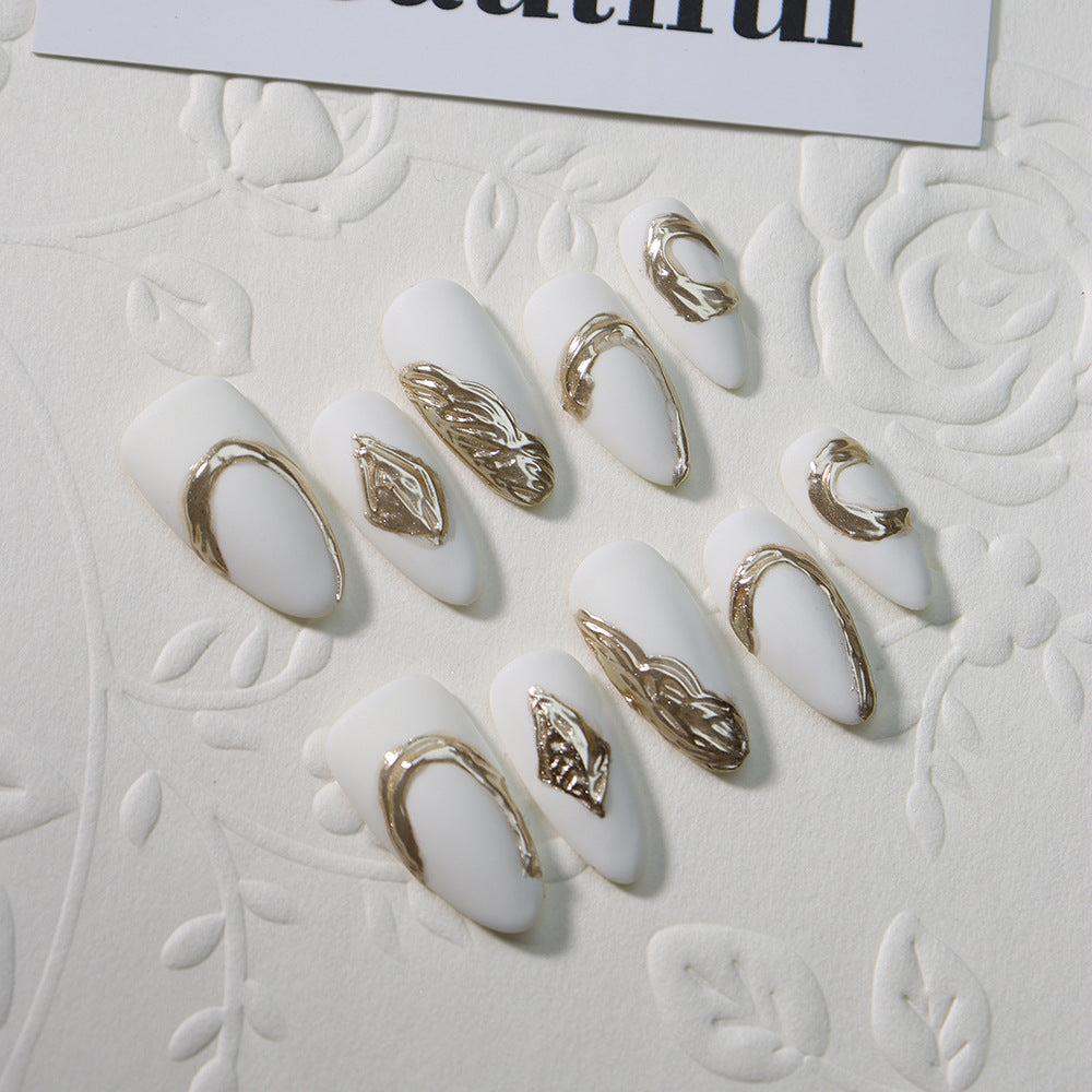 Clean Girl Aesthetic White Press - On Nails with Gold Accents, Minimalist Glam Fake Nails