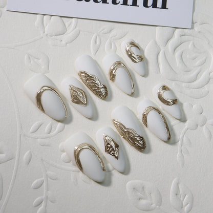 Clean Girl Aesthetic White Press - On Nails with Gold Accents, Minimalist Glam Fake Nails