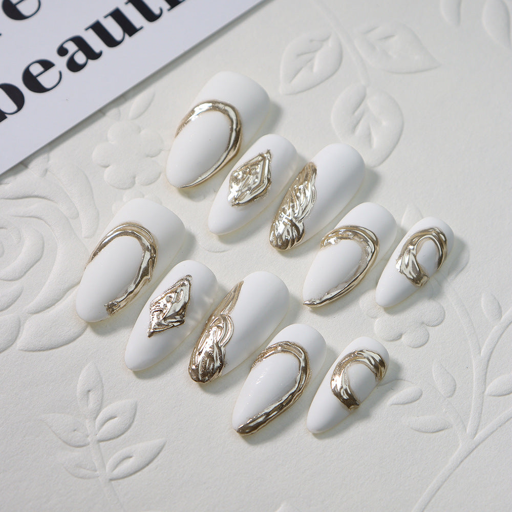 Clean Girl Aesthetic White Press - On Nails with Gold Accents, Minimalist Glam Fake Nails