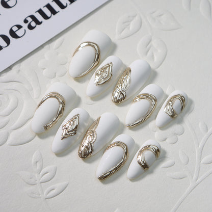 Clean Girl Aesthetic White Press - On Nails with Gold Accents, Minimalist Glam Fake Nails