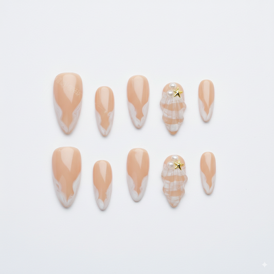 Clean Girl Aesthetic Seashell - Inspired Press - On Nails, Beachy Neutral Fake Nails with 3D Shell & Star Details