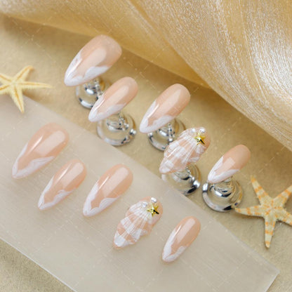 Clean Girl Aesthetic Seashell - Inspired Press - On Nails, Beachy Neutral Fake Nails with 3D Shell & Star Details