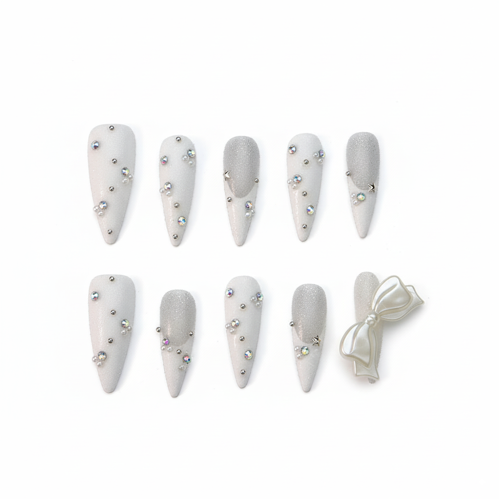 Clean Girl Aesthetic Frosted White Press - On Nails with Rhinestones, Pearls & Bow Accents